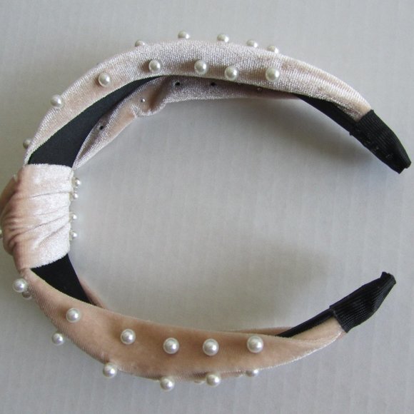 New Women’s Pearl Like Beads Beige Velvet Jeweled Hairband/Headband - Picture 4 of 5